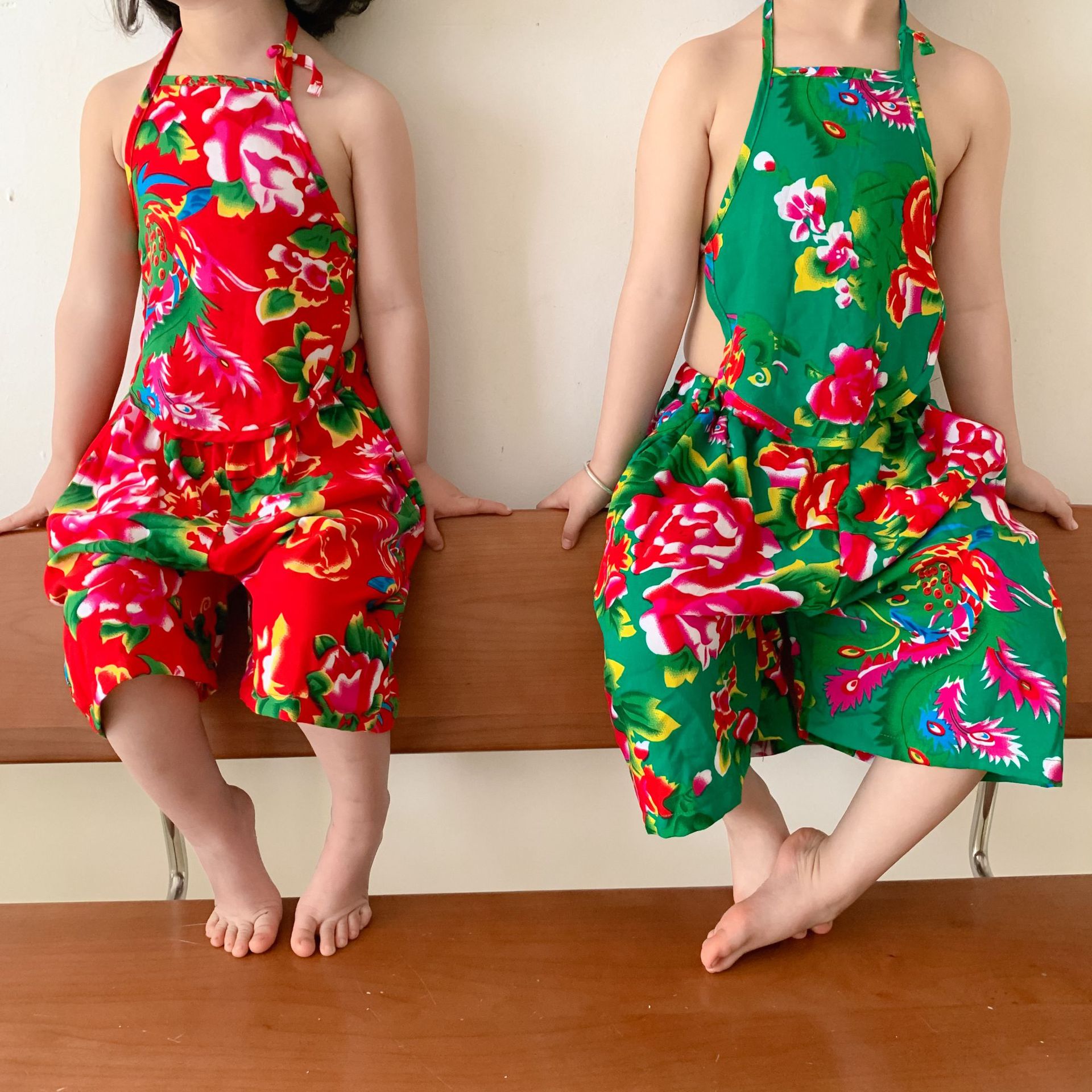 夏季儿童网红东北大花人棉肚兜套装男女童宝宝表演服幼儿园演出服