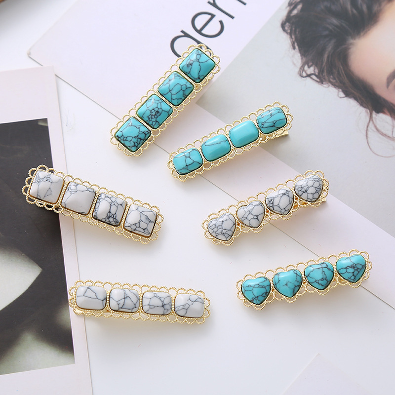 japanese style summer fresh square barrettes lace lovely white turquoise duckbill clip alloy inlaid hair accessories wholesale