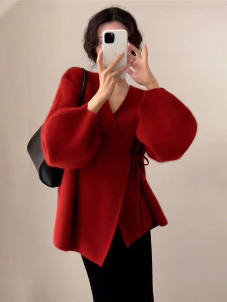 过年新年红色毛衣女秋冬季本命年2023新款针织开衫外套高级感上衣