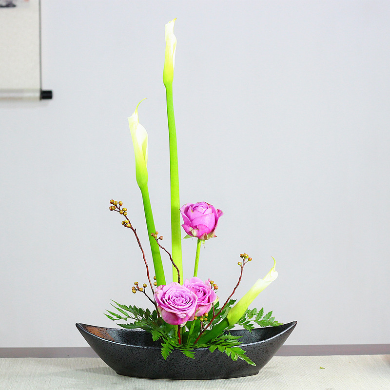 一帆风顺帆船形陶瓷花盆创意花器禅意写景插花东方花道插花器皿教