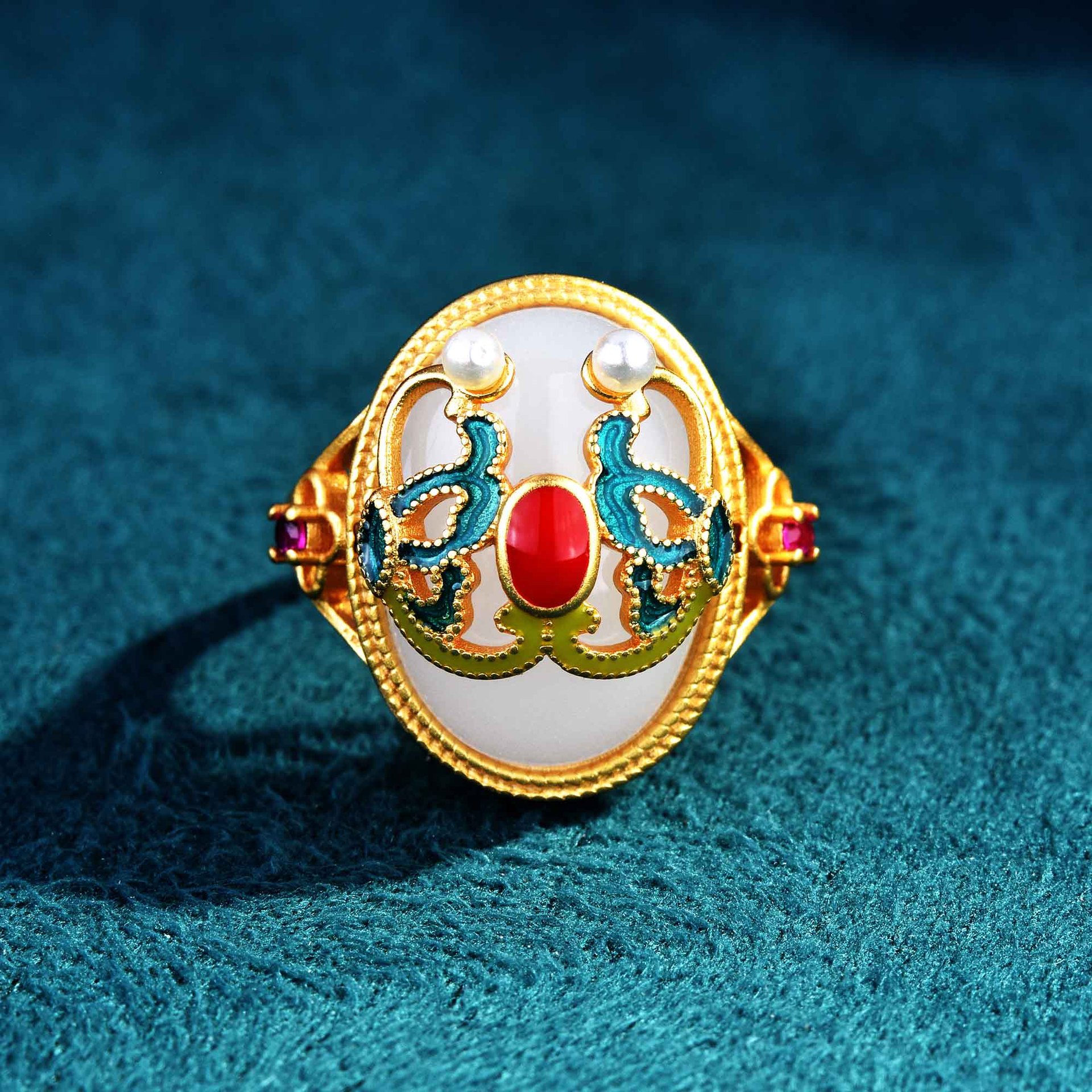 古法金镶和田玉戒指女烧蓝珐琅彩绘戒指开口女可调节复古戒指宫廷