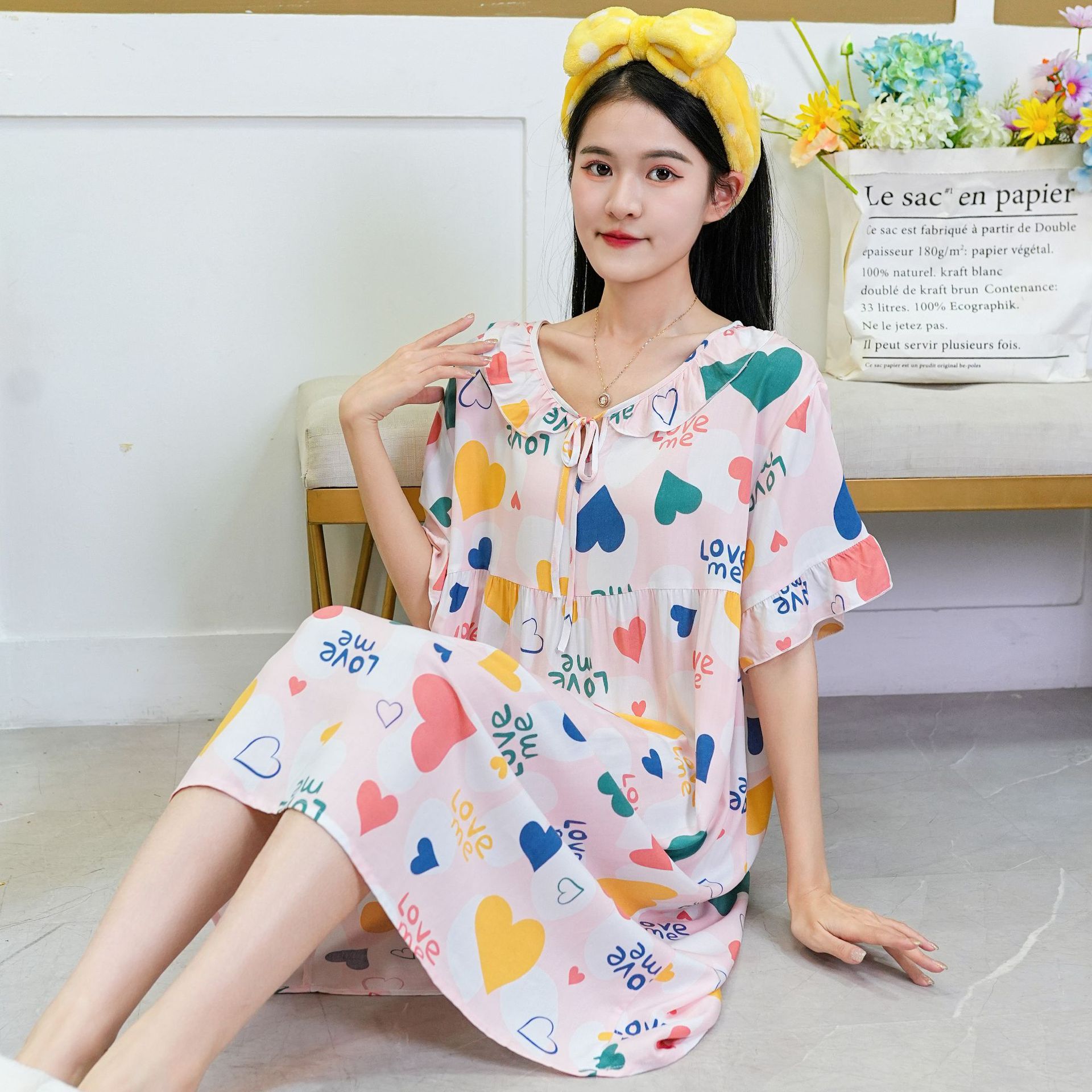 Spring Summer Cotton Silk Nightdress Women's New Sweet Cute Style Home Wear Can Be Worn outside Large Size Printed Ruffled Pajamas