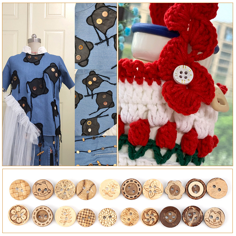 Wood Coconut Coconut Shell Button Ethnic Retro Style Clothes round Two-Eye Four-Eye Button DIY Sweater Button