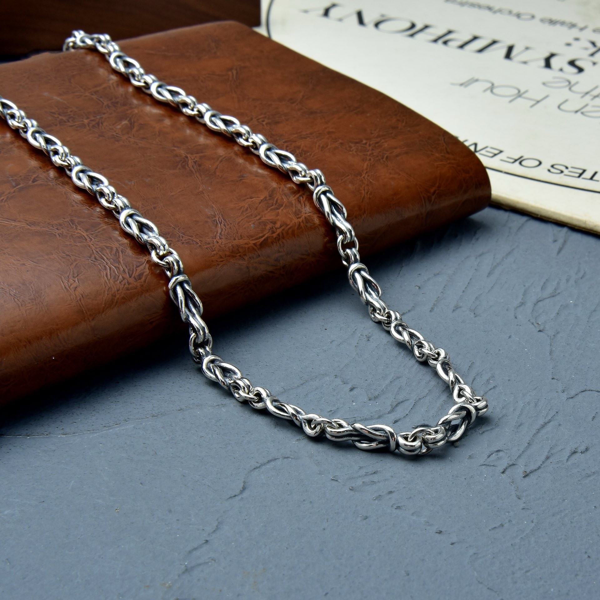 跨境新品 s925纯银 欧美风链结式个性项链复古泰银男士潮流锁骨链