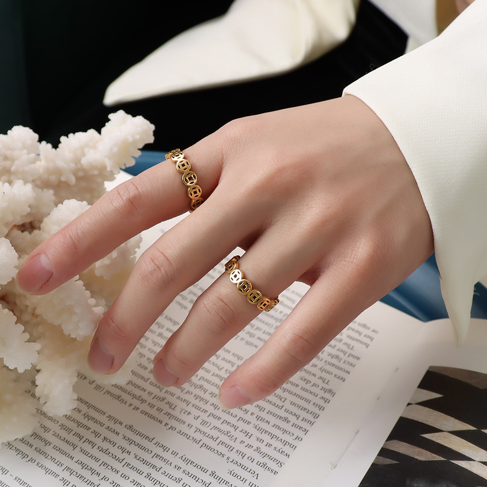 民族风 婚庆礼品 不锈钢古币铜钱戒指 食指中指环男女18k金手饰品