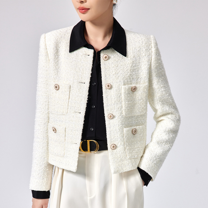 23春季新款小香风白色毛呢外套女短款通勤粗花呢羊毛精致女装上衣