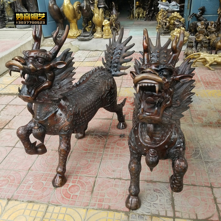 大号火麒麟一对铜器铜麒麟招化风水财煞定家用工艺品做桌面摆件