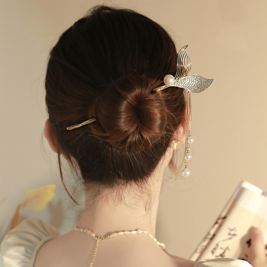 银杏叶珍珠发簪女丸子头盘发神器簪子简约现代高级感发钗旗袍配饰