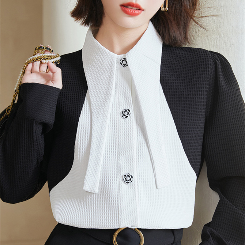 英伦风黑白撞色泡泡袖衬衫女春高级感华夫格廓形宽松衬衣2022新款