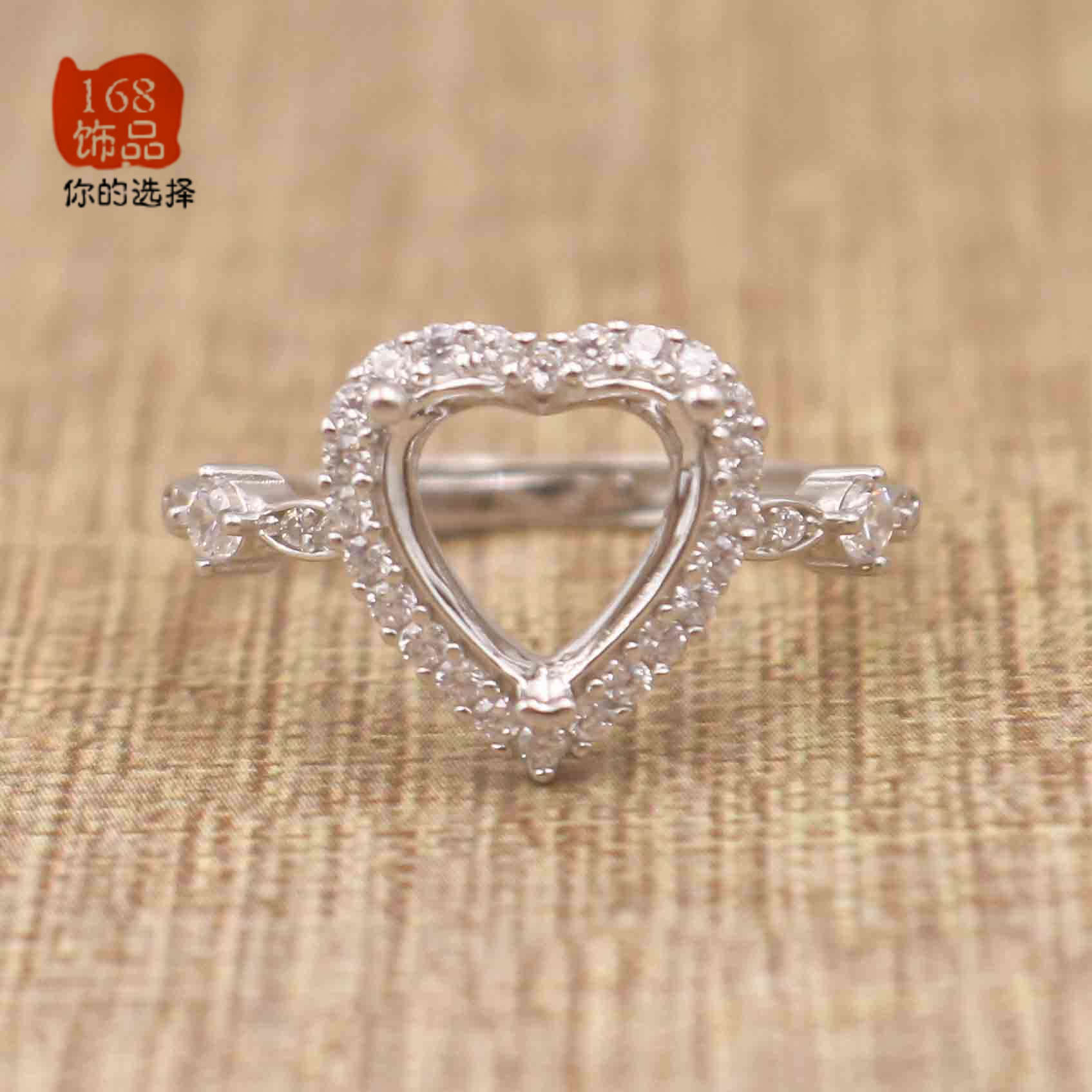 s925银爱心形女戒托 8mm 翡翠蜜蜡彩宝玉石银戒 戒指空托镶嵌diy