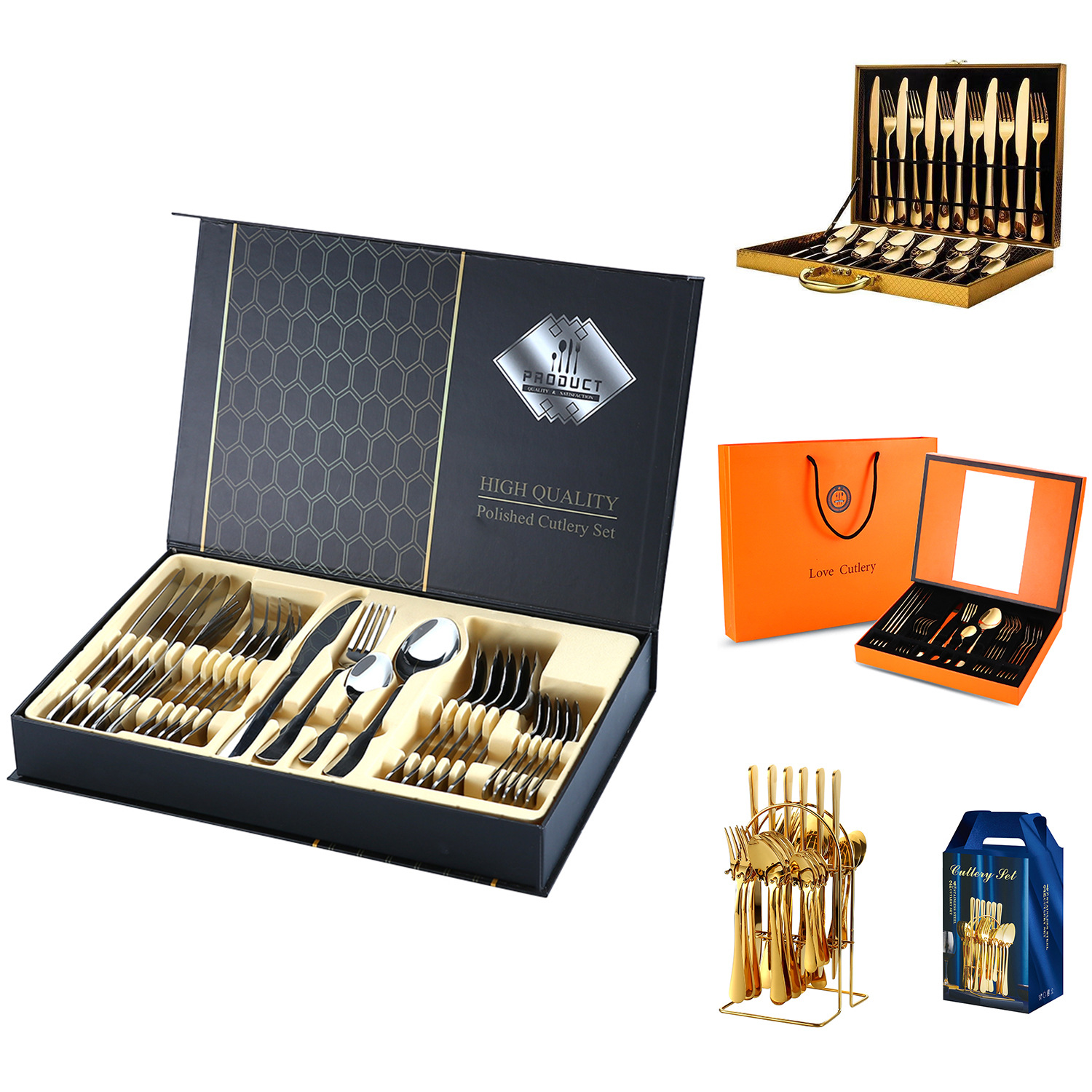 Amazon 24-Piece Tableware Suit Gold Wooden Box Stainless Steel Tableware Knife, Fork and Spoon Four Main Pieces Six-Person Gift Box Rack