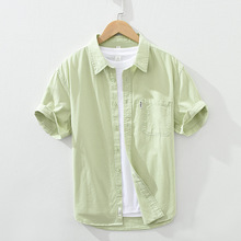 2508衬衫男短袖纯色衬衣潮流夏季纯棉休闲文艺半袖衬衫男一件代发