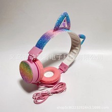 电商新款儿童耳机彩色亮片独角兽猫耳朵头戴式卡通耳机支持代发