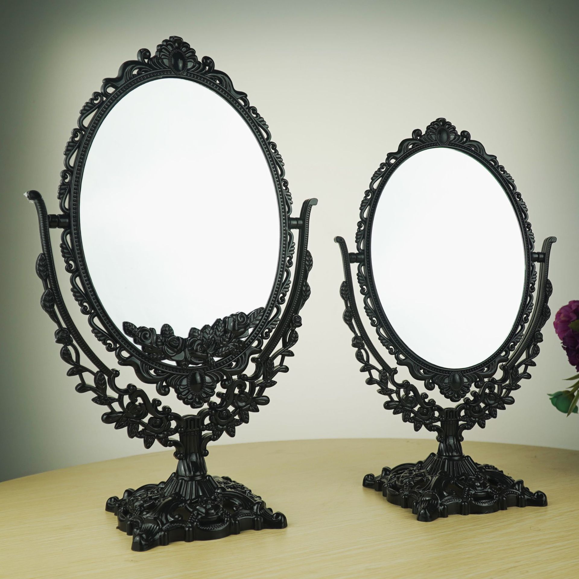 安娜苏ins韩国复古风格 黑色双面台式化妆镜子 梳妆简约大号网红