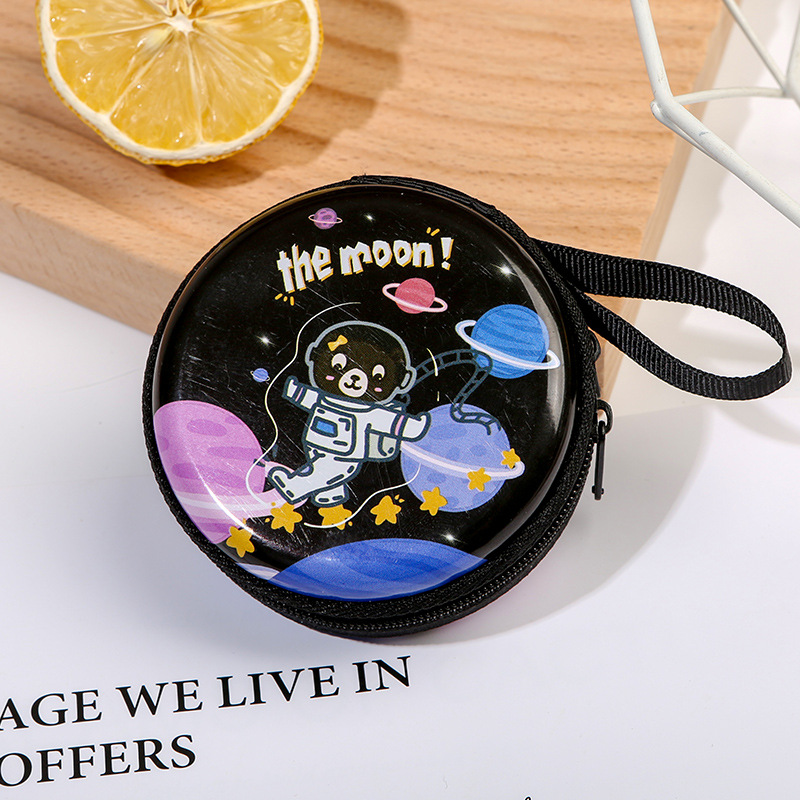 Creative round Tinplate Coin Purse Mini Cartoon Zipper USB Cable Storage Bag Earphone Keychain Small Wallet