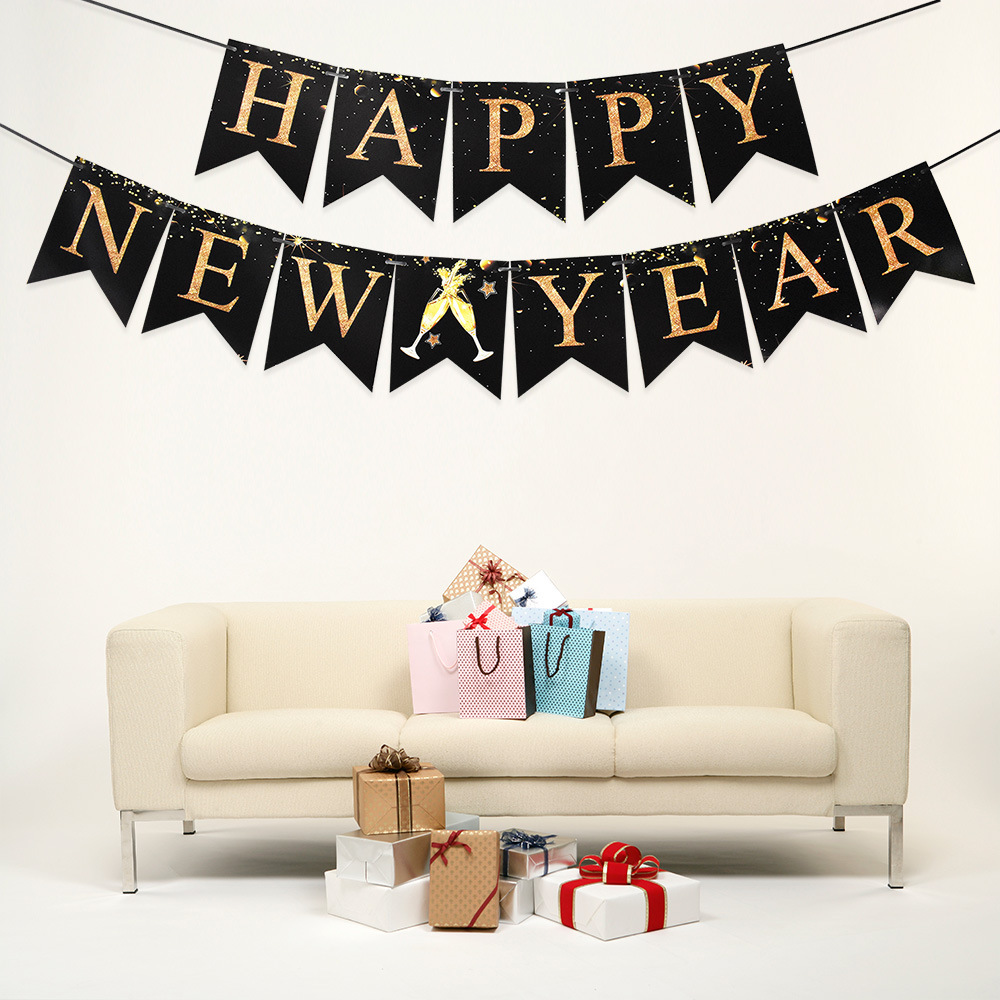 2024新年拉旗happy new year鱼尾旗金色跨年横幅酒吧派对装饰跨境