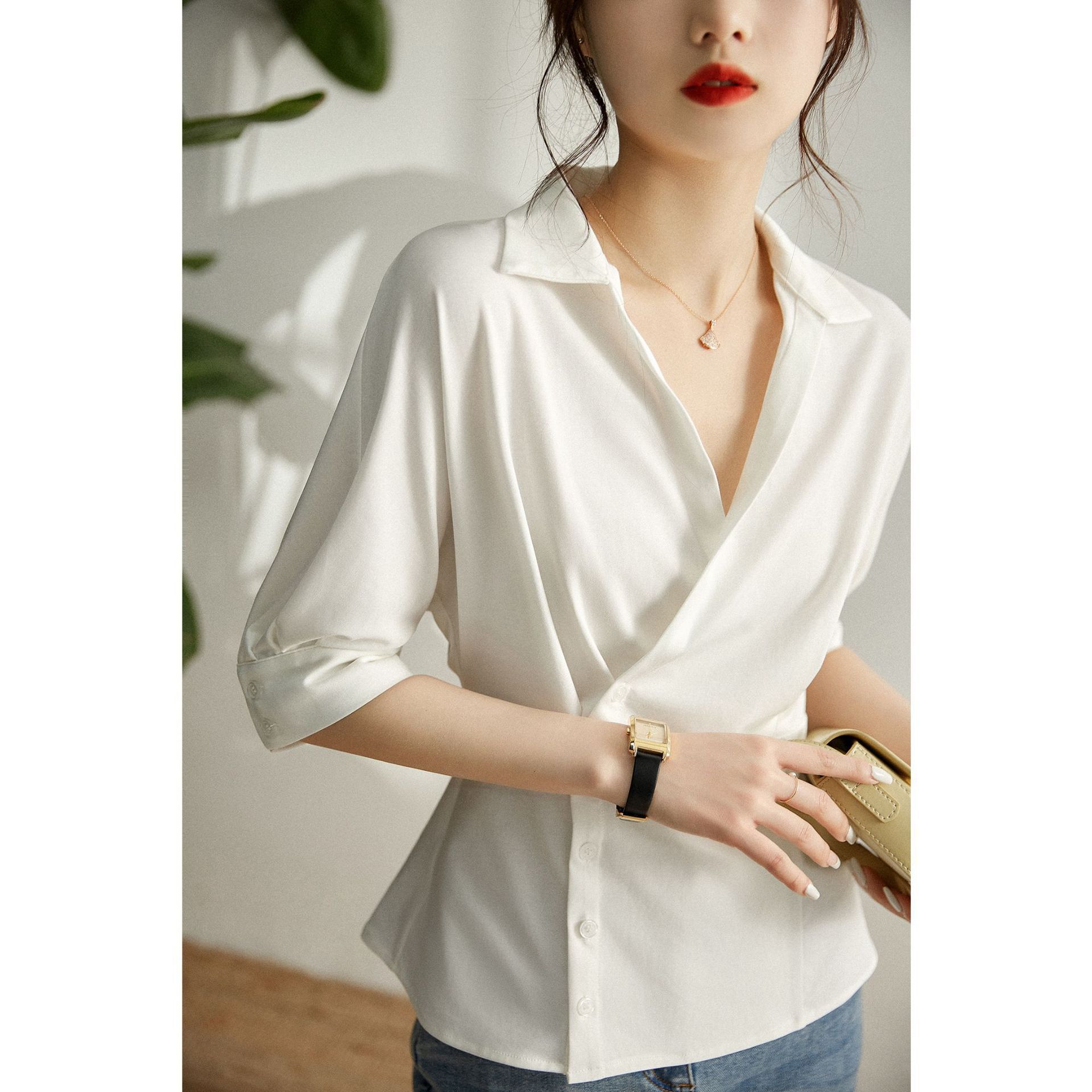 知性优雅 高腰线微收腰 围裹式v领显瘦气质衬衫七分袖女elcy53522