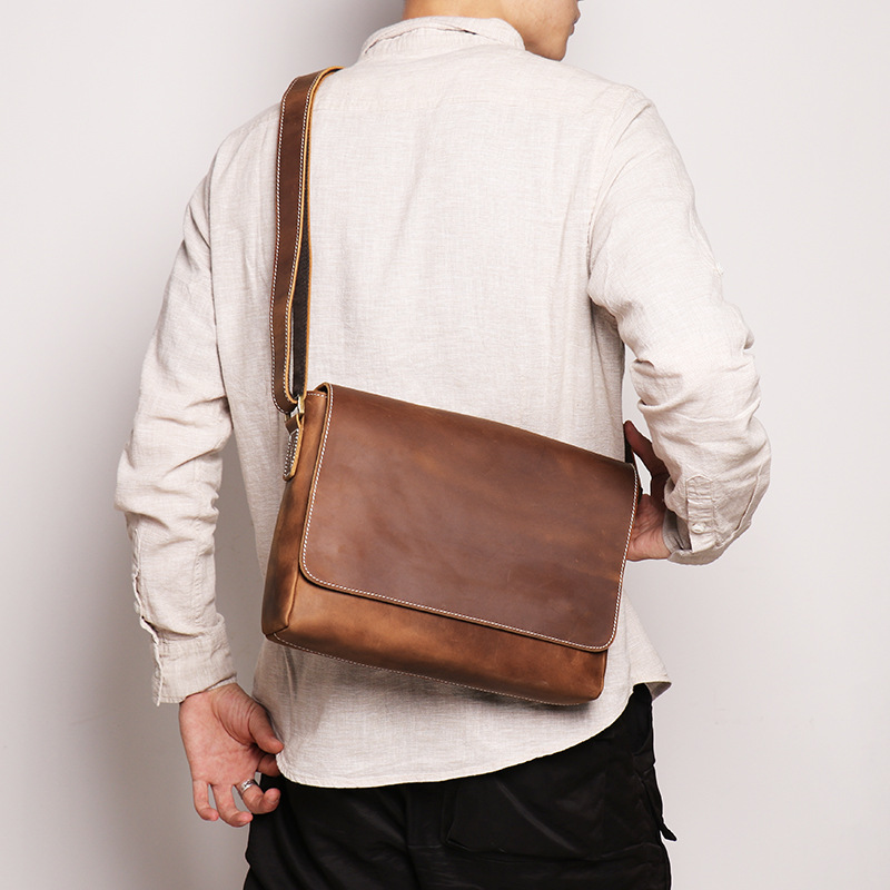 New Retro Men's Shoulder Bag Cowhide Crossbody File Bag Large Capacity Casual Men's Leather Flip Messenger Bag