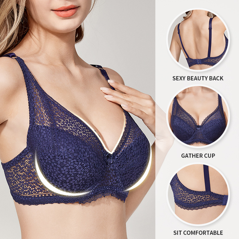 Foreign Trade Cross-Border Underwear Adjustable Thin Big Breast Show Little European and American Style Gather Ladies plus Size Lace Steel Ring Bra