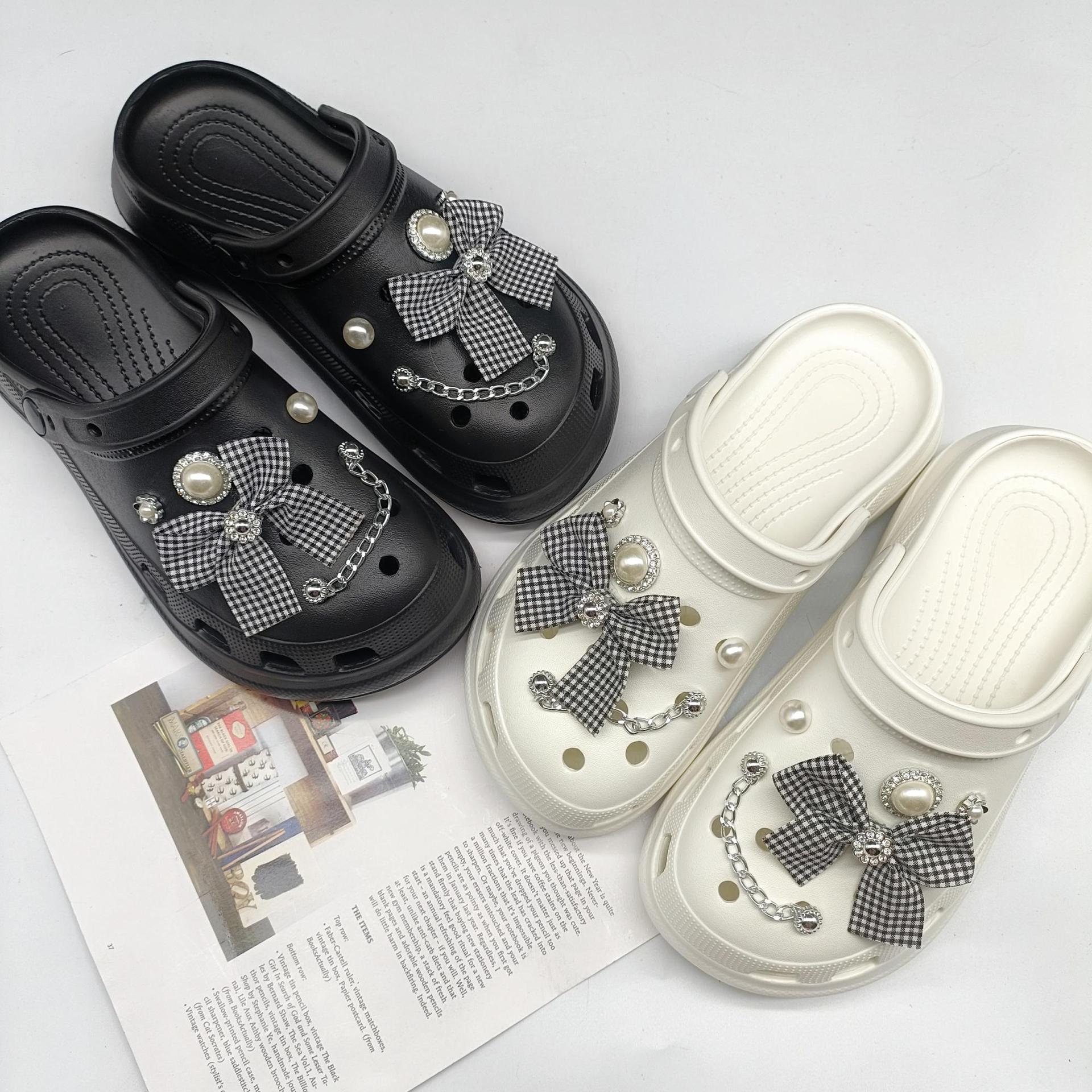 Cross-Border New Arrival Fit Hole Shoes DIY Accessories Fresh Plaid Bow-Shaped Shoe Buckle Eva Sandals Ornament Accessories