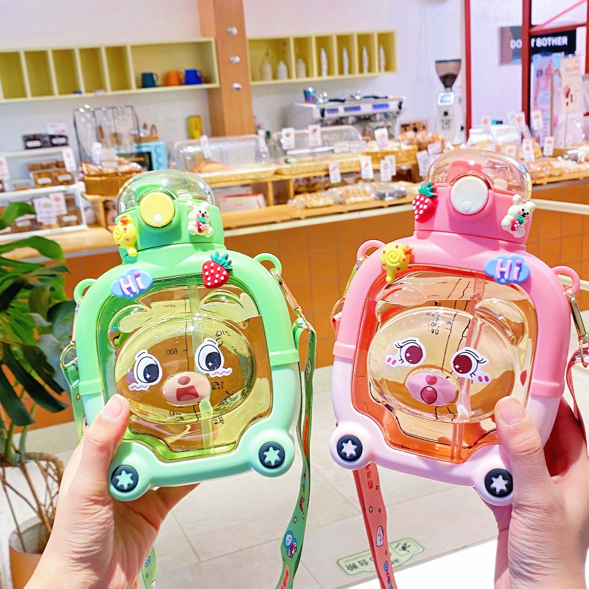 Boshang New Children's Kettle Double Drinking Bear Water Cup Square Drinking Cup 1000ml Kindergarten Cute Carry-on Cup