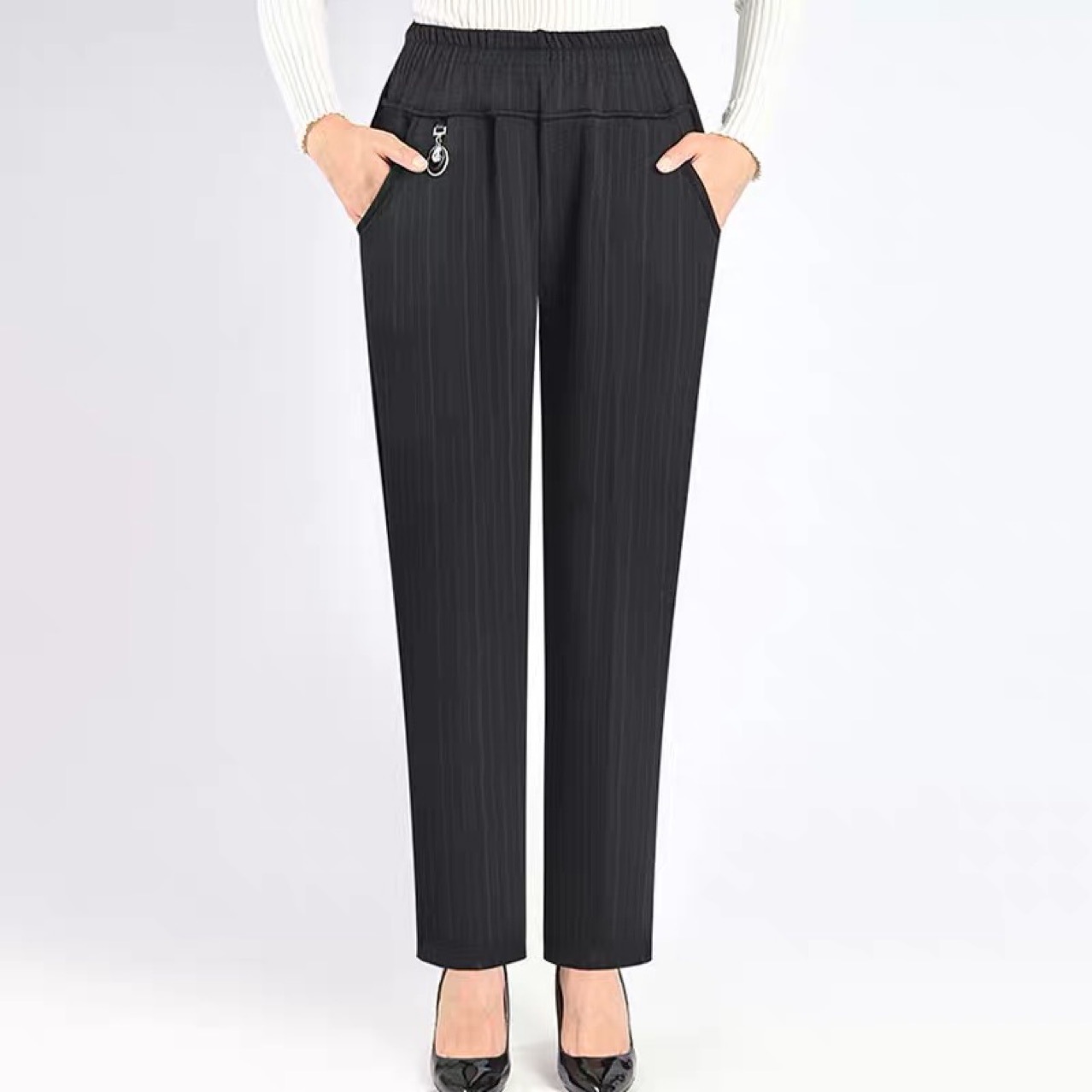 中年女士春款复合高腰宽松老年人奶奶直筒裤妈妈加厚外穿长裤子