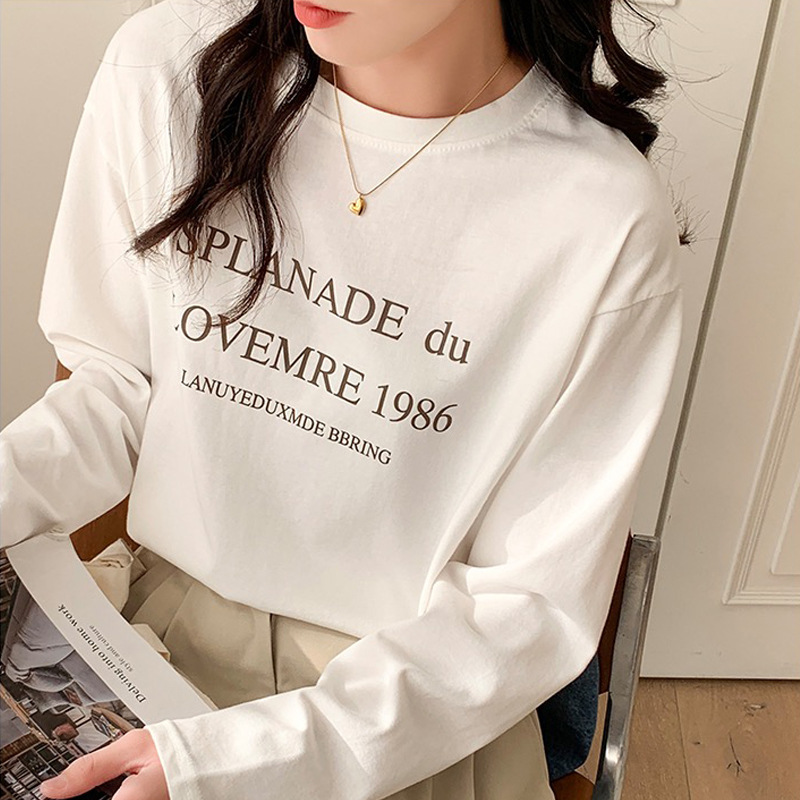 休闲穿搭纯棉白色女士长袖t恤春秋季宽松落肩大码打底衫上衣批发