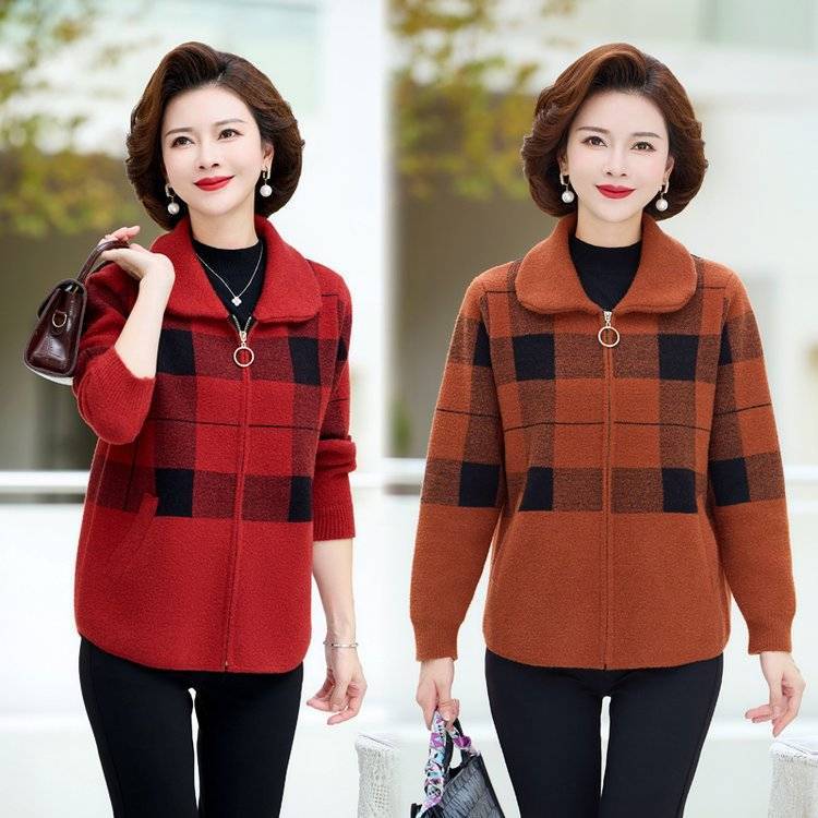 中年妈妈春秋翻领外套新款洋气格子毛呢短款上衣50岁40中老年女装