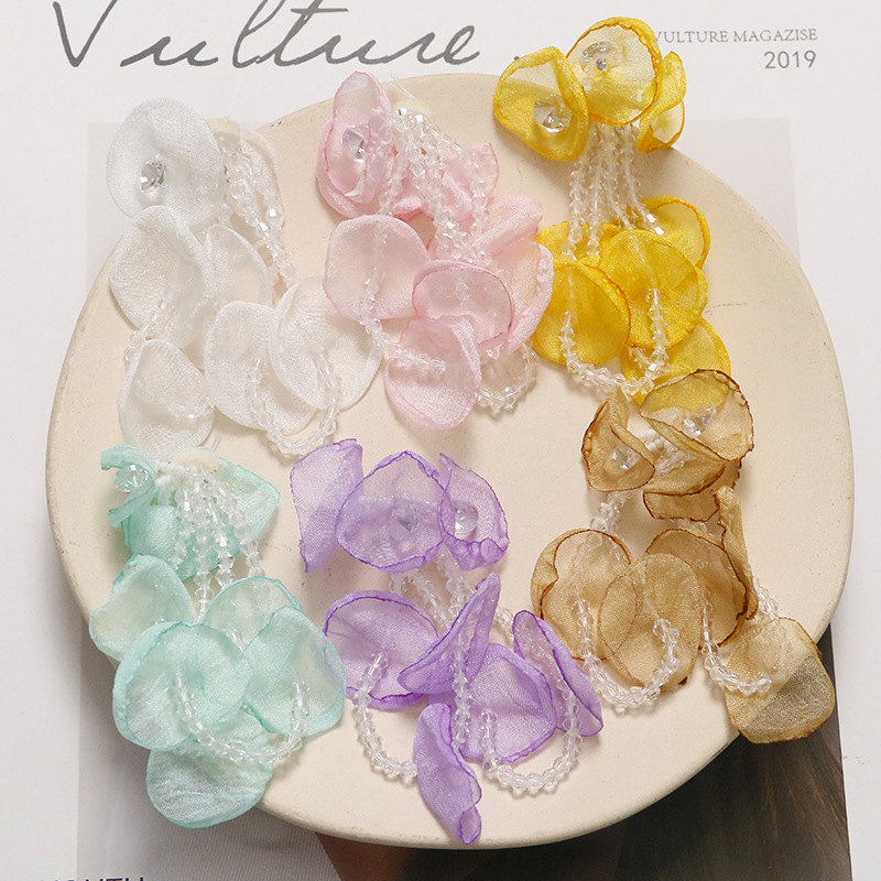 Long Tassel Crystal Tulle Petal Flower Eardrops Earrings Accessories DIY Hand-Woven Hair Accessories Wholesale