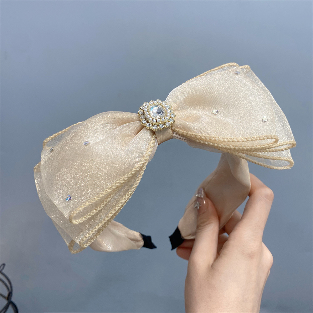 Rhinestone Three-Layer Organza Bow Headband Wide-Edge Rhinestone Light Luxury High Sense Veil Headdress New Female Hair Accessories