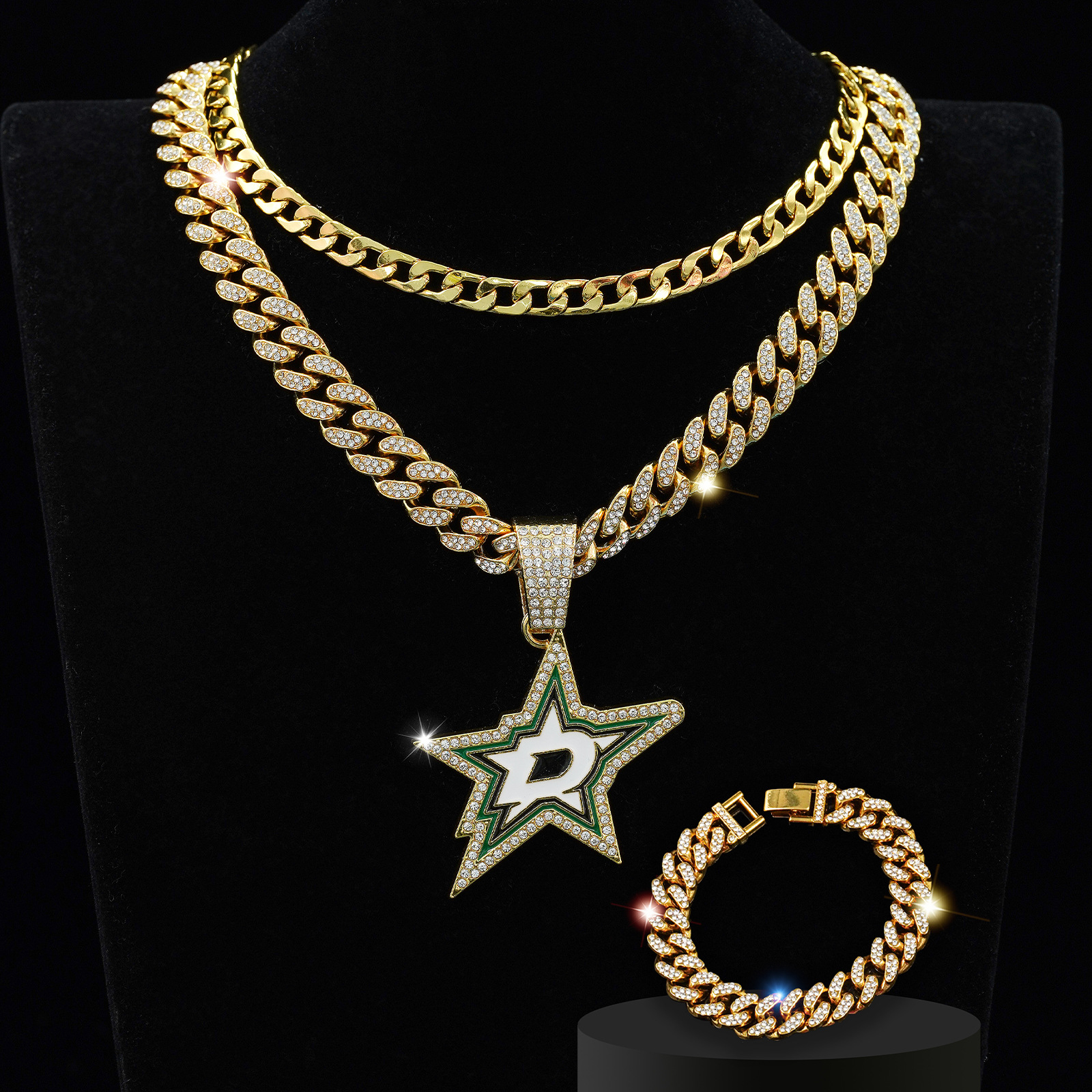 亚马逊热销时尚长款叠戴五角星吊坠项链男嘻哈满钻古巴链手链套装