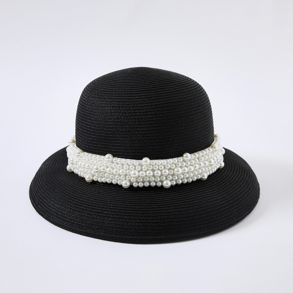 French Retro Hepburn Style Dome Pearl Hat Spring and Summer Travel Bucket Hat Wide-Brimmed Sunhat Female Fashion Straw Hat