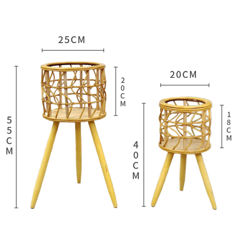 Floor Flower Stand Wooden Legs Floor Flower Stand Woven Flower Pot Living Room Balcony Decoration Flower Basket Straw Woven Floor Flower Stand