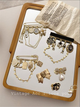 韩国复古几何型珍珠流苏胸针 欧美金属风布艺钻胸针 镶钻金色胸针