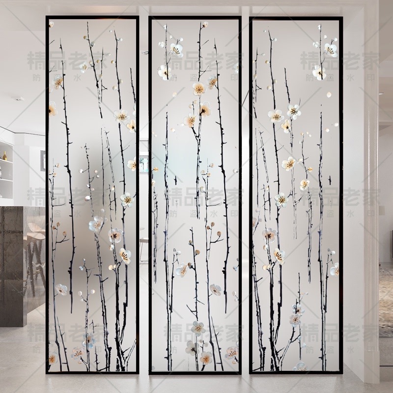 现代新中式装饰钢化艺术玻璃磨砂透明雕花隔断墙屏风客厅玄关