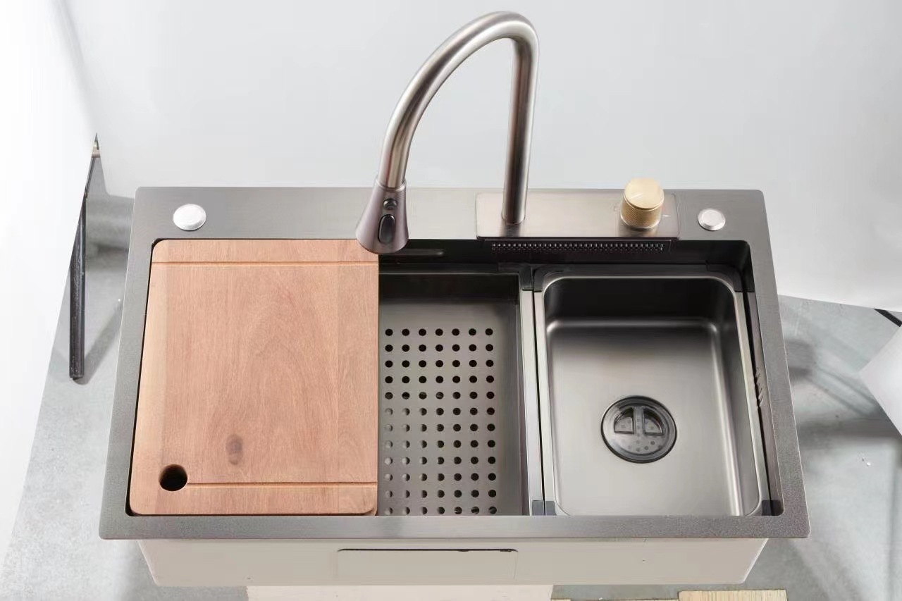 厨房飞雨瀑布水槽单槽304不锈钢洗菜盆多功能大单槽洗菜池洗碗槽