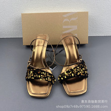 ZA2023年夏季新品女鞋金色串珠片饰气质高跟鞋方头露跟后绊带凉鞋