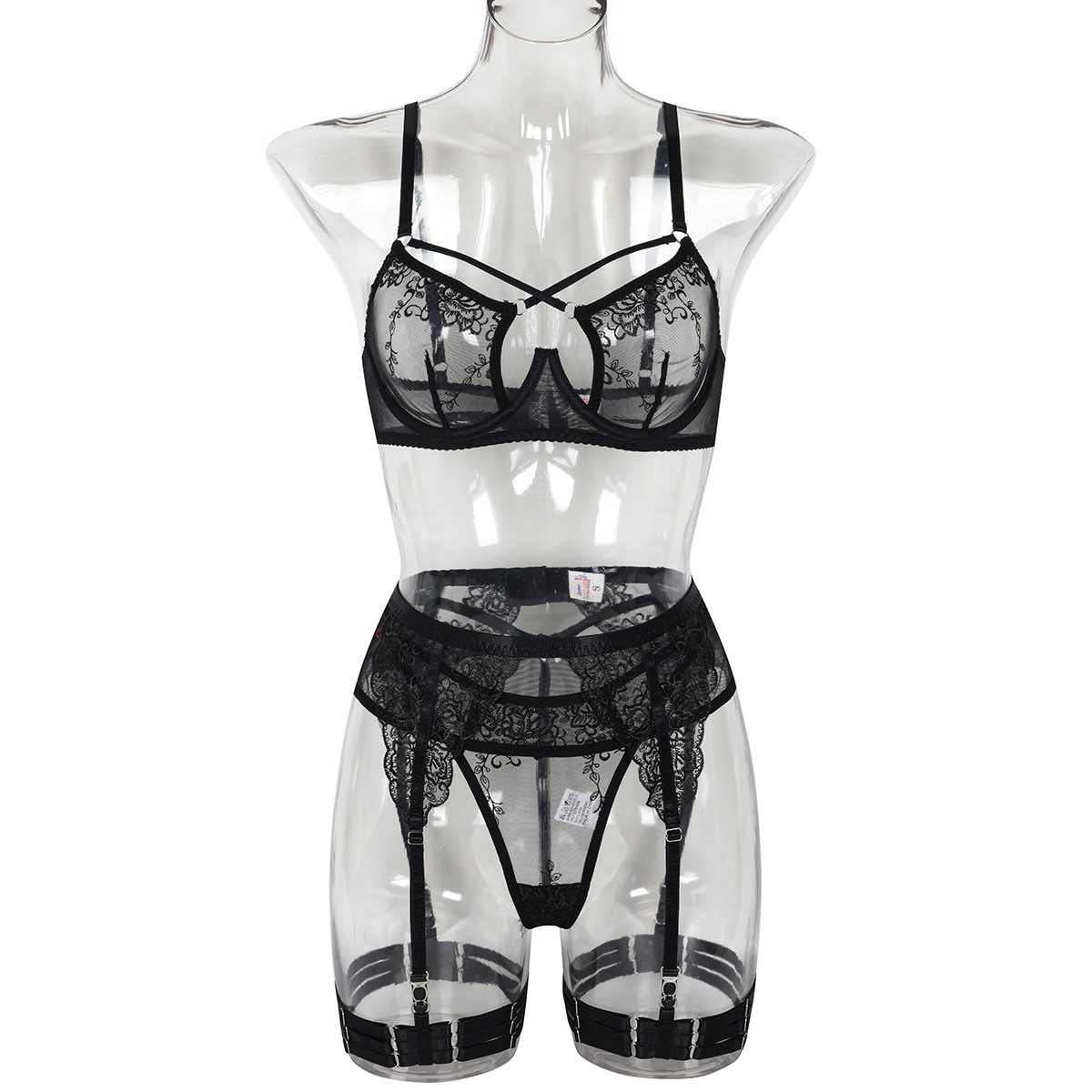 Amazon Cross-Border Supply European and American See-through Embroidery Sexy Bra Cross Push up Sexy Lingerie Four-Piece Set
