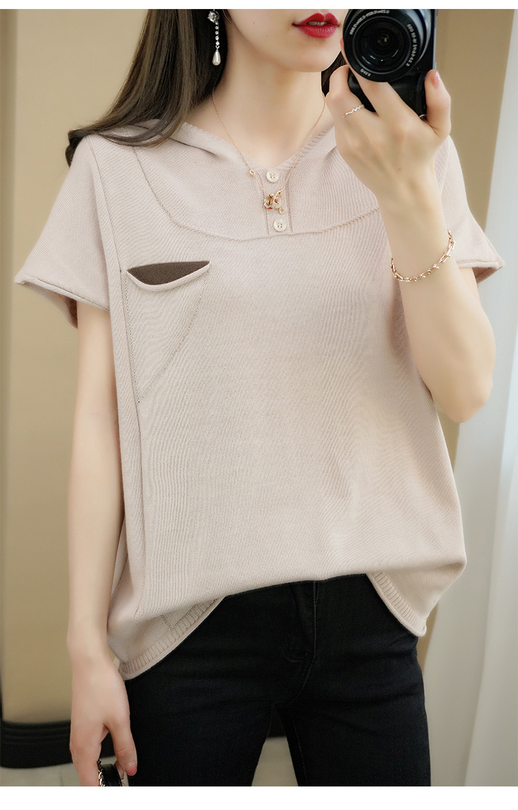 2021春夏新款棉线短袖t恤女连帽v领休闲宽松韩版针织半袖背心代发