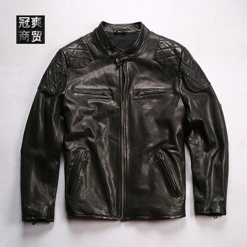 贝克哈姆同款真皮夹克男阿美咔叽日系复古小贝机车植鞣绵羊皮皮衣