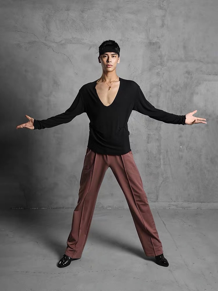 zym19601成人男士国标舞蹈莫代尔宽松v领上衣拉丁舞练功服艺考服