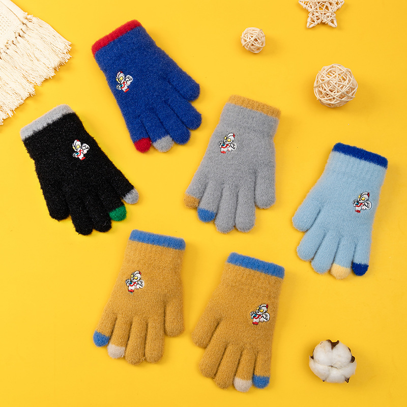 中大童卡通超级英雄五指手套儿童保暖毛线触屏全指手套男女童冬款