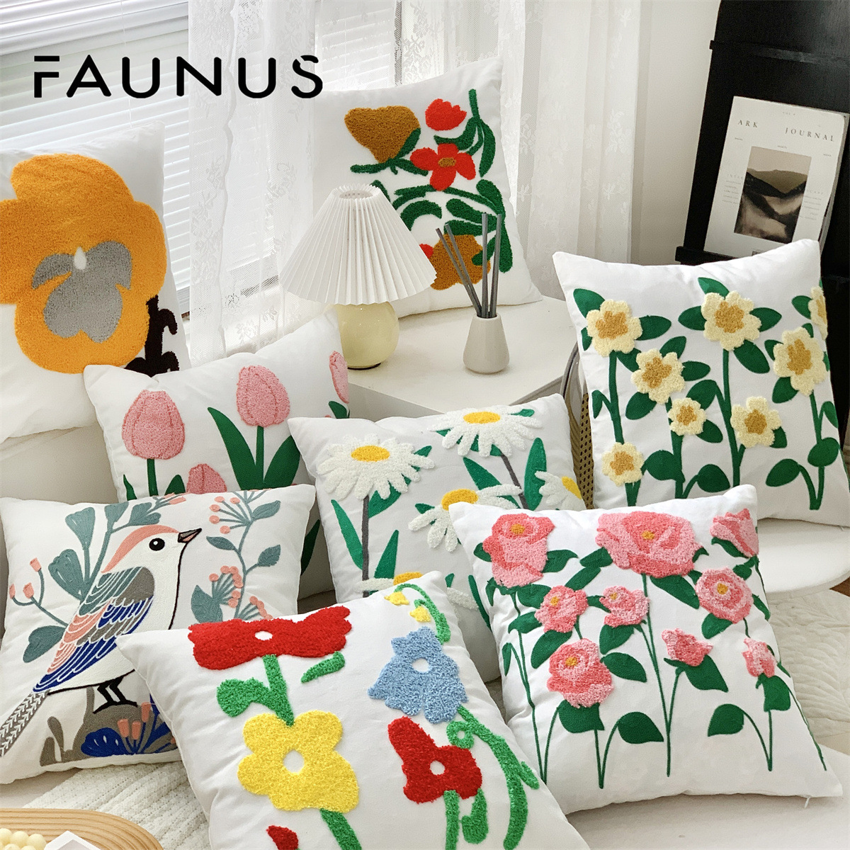 New French Tulip Rose Embroidery Cross-Border Couch Pillow Hotel Decoration Cotton and Linen Pillow Pillow Cover