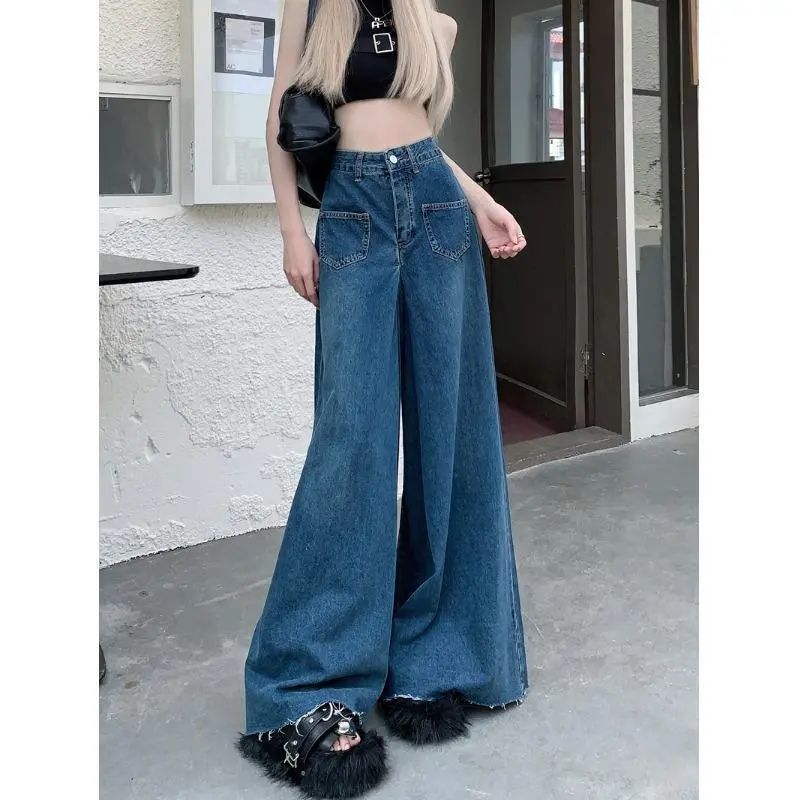 High Street Retro Loose Trousers Jeans for Women Spring and Autumn New Style Frayed Design Loose Wide-Leg Pants Ins Fashion