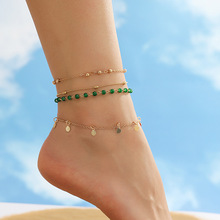 欧美跨境热销时尚简约绿色玻璃圆珠脚链圆形铁片流苏吊坠女士脚饰