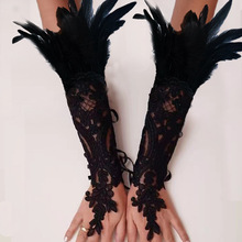 欧美新款万圣节日女巫花边手套派对舞会羽毛手套勾指蕾丝黑色手链