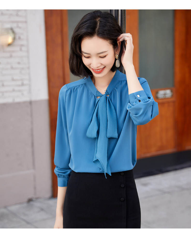 蓝色衬衫女设计感小众飘带2021年新款春秋蝴蝶结洋气系带雪纺衬衣