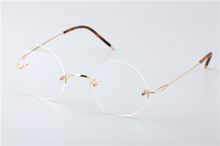 18k金眼镜架 无框圆框私人黄金眼镜框 商务近视眼镜男