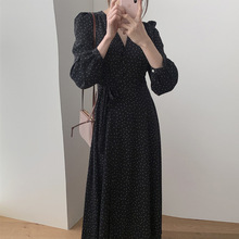 韩国chic秋季优雅气质V领绑带小众设计显瘦长款一片式长袖连衣裙