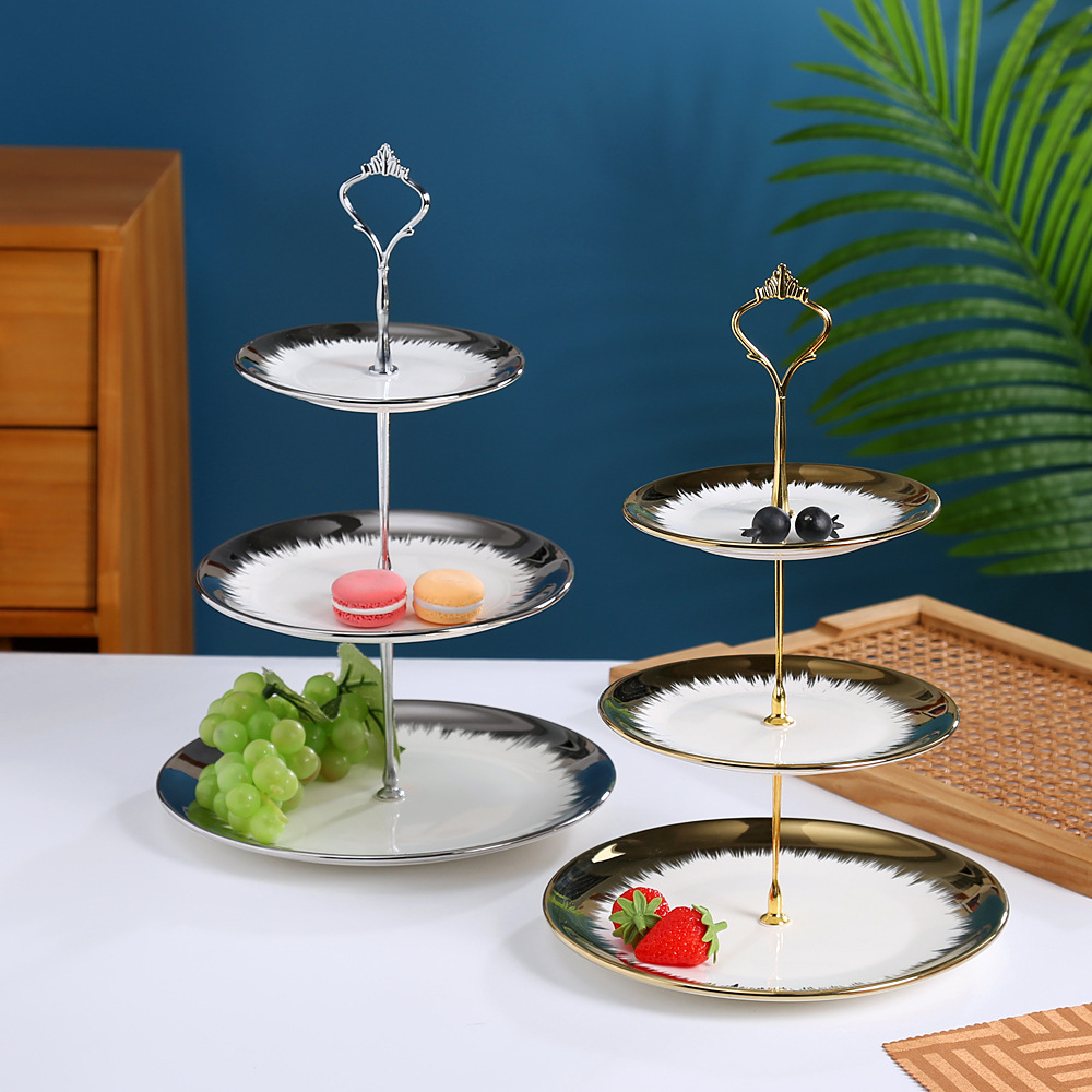 European Golden Rim Ceramic Cake Plate High-Grade Three-Layer Candy Plate Afternoon Tea Dessert Cake Stand Multi-Layer Fruit String Disk